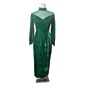 Vintage Nite Green Velvet Maxi Dress 6 Size Mesh Holiday Formal Elegant Made USA